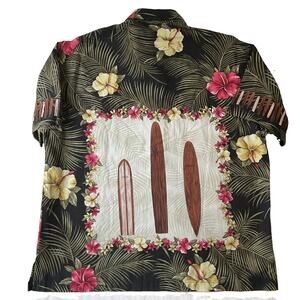 Koko Island Men Button Up Shirt L Black Floral Surfboards Hawaiian Shirt